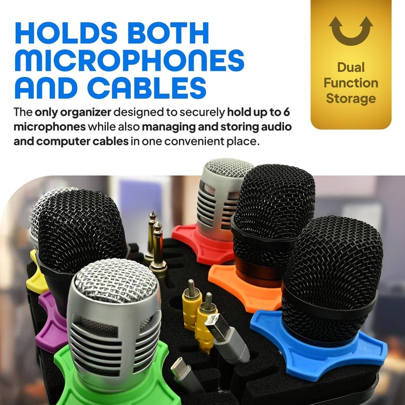 Simplurfi Multi Microphone Holder Cable Hanger & Organizer for Mic Stand - Square Tray Attachment holds up to 6 mics On Stage Organizer and Display - 6 Anti-roll Rings Included - Image 2